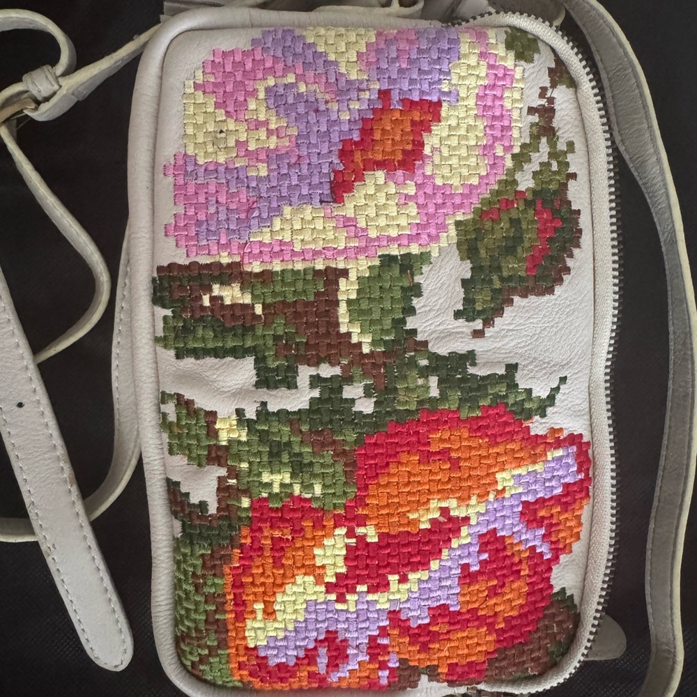 White and Purple Crossbody Bag with Intricate Needlework
